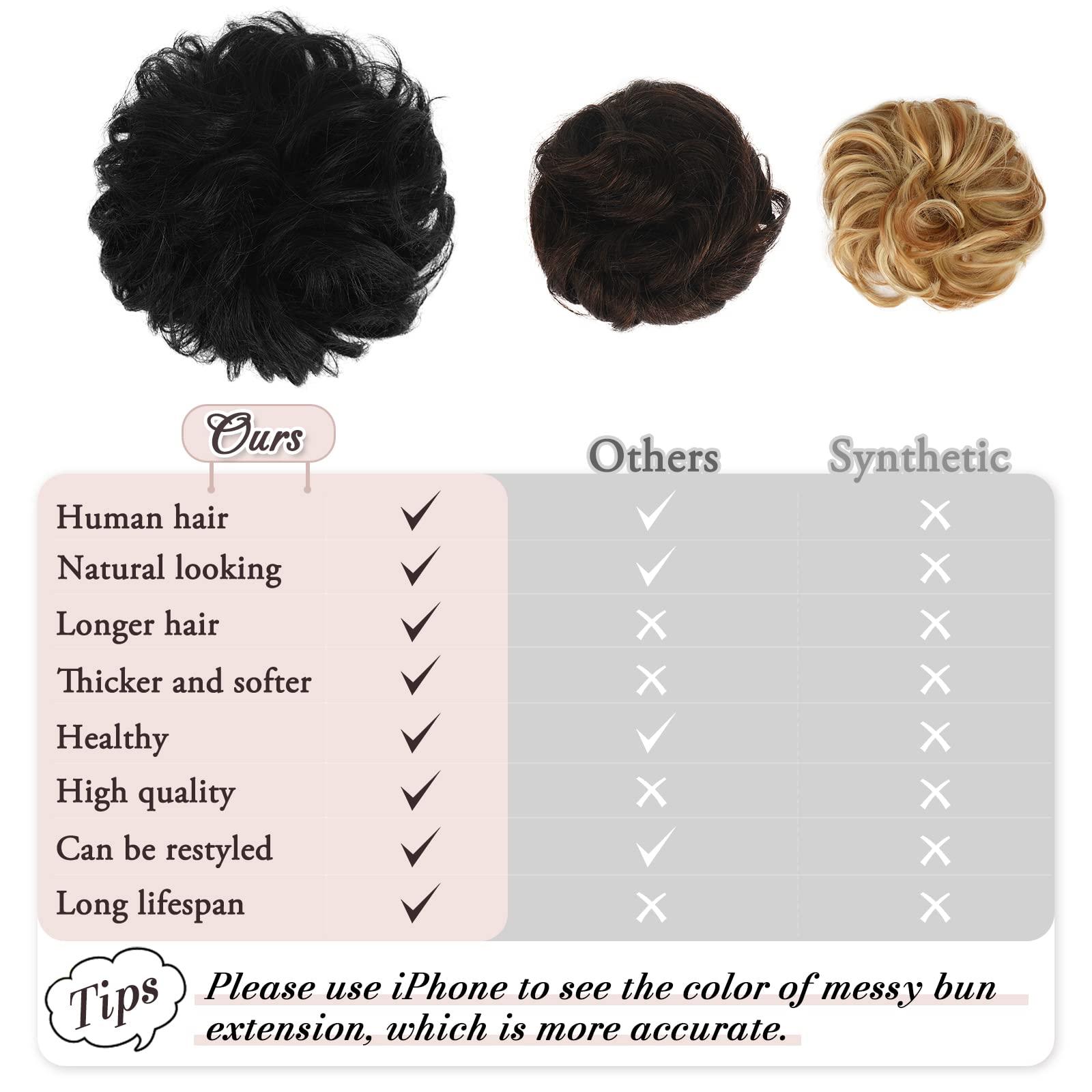 RUWISS Messy Bun Hair Piece Human Hair Messy Rose Bun Hair Buns Hair Piece for Women Real Hair Scrunchies Updo Hair Pieces Bun Extension Ponytail Messy Hair Bun (Natural Black)