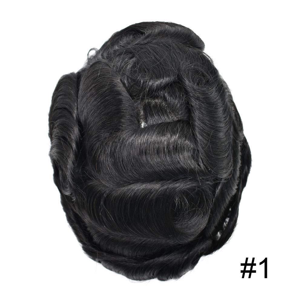 Generic Toupee for Men French Lace Front Mens Toupee Human Hair System Replacement Thin Skin with Lace Mens Hair Piece (7X9\"-100% Light to Medium Density, 1# JET BLACK)