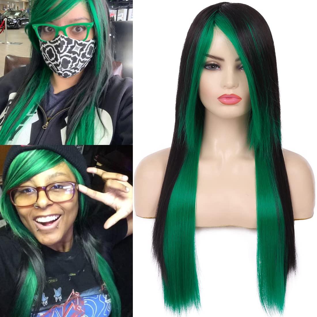 Baruisi Baruisi Long Straight Black Green Wig Silky Synthetic Heat Resistant Side Bangs Halloween Costume Hair Wigs for Women Girls