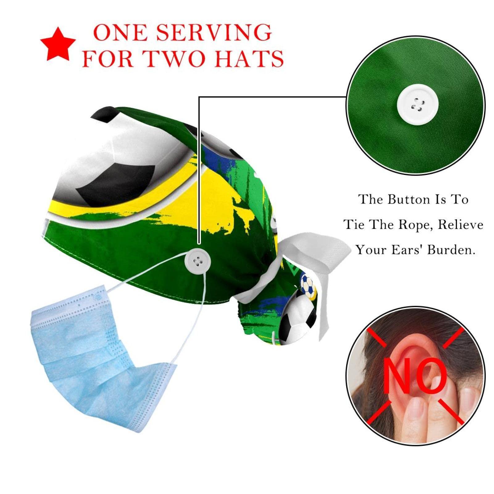 Lyetny Brazil Soccer Scrub Caps Hats Women Bouffant Working Hat Ponytail Holder for Women Long Hair Covers 2PCS