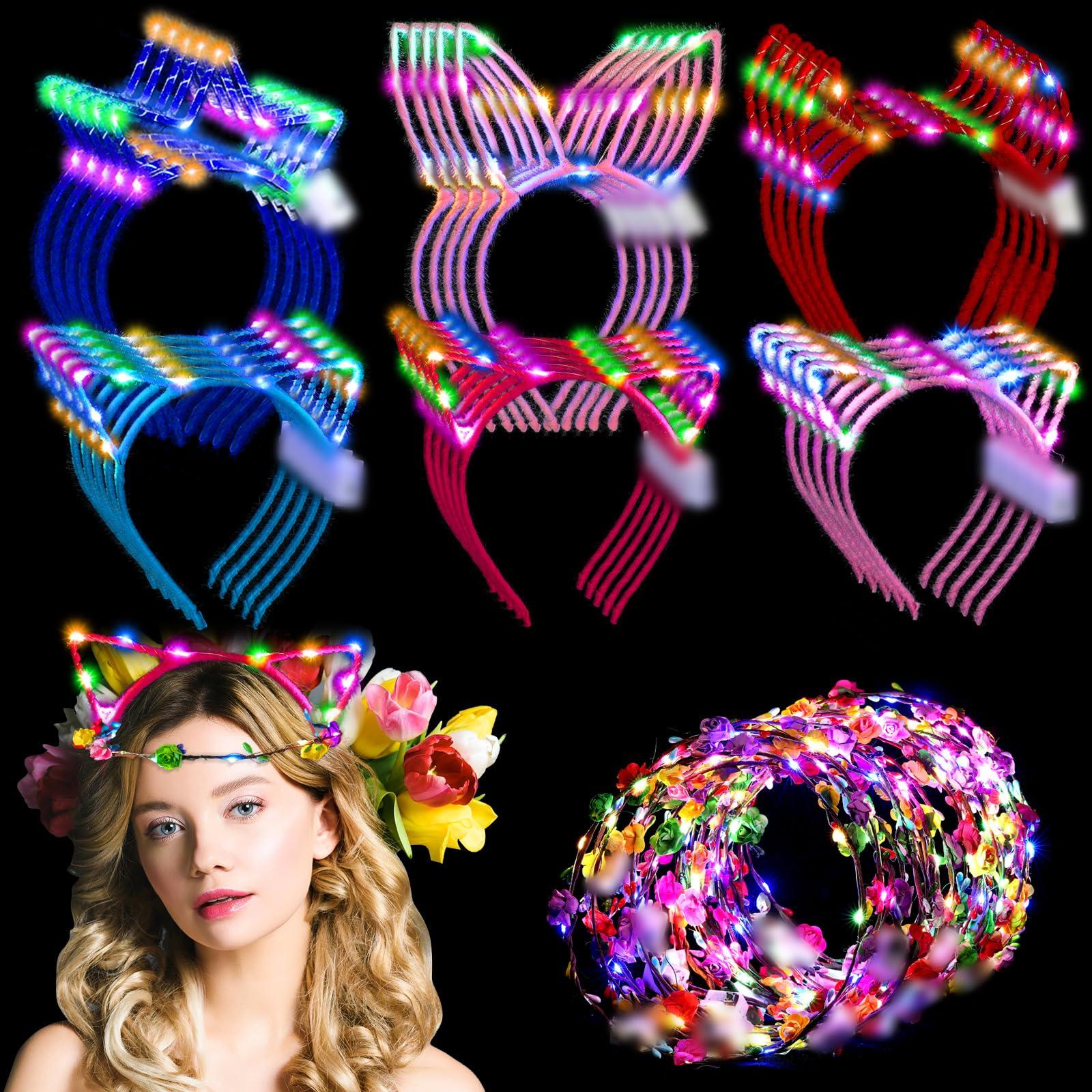 Xinnun 50 Pcs LED Cat Ear Headbands Bulk, Light up Flower Headband Glow Crown Rabbit Ear Hairband Luminous Head Accessories for Glow in the Dark Party Supplies