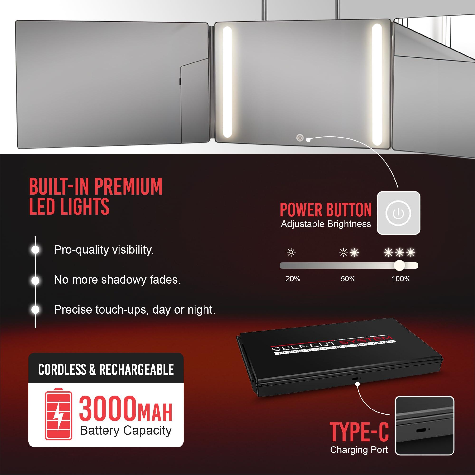 Self-Cut System Self-Cut System - 3 Way Mirror with Lights - Three Way Mirror for Self Hair Cutting - Over The Door Mirror - Trifold Mirror - 360 Mirror - Barber Mirror - Self Haircut Mirror (Travel 3.0 LED)