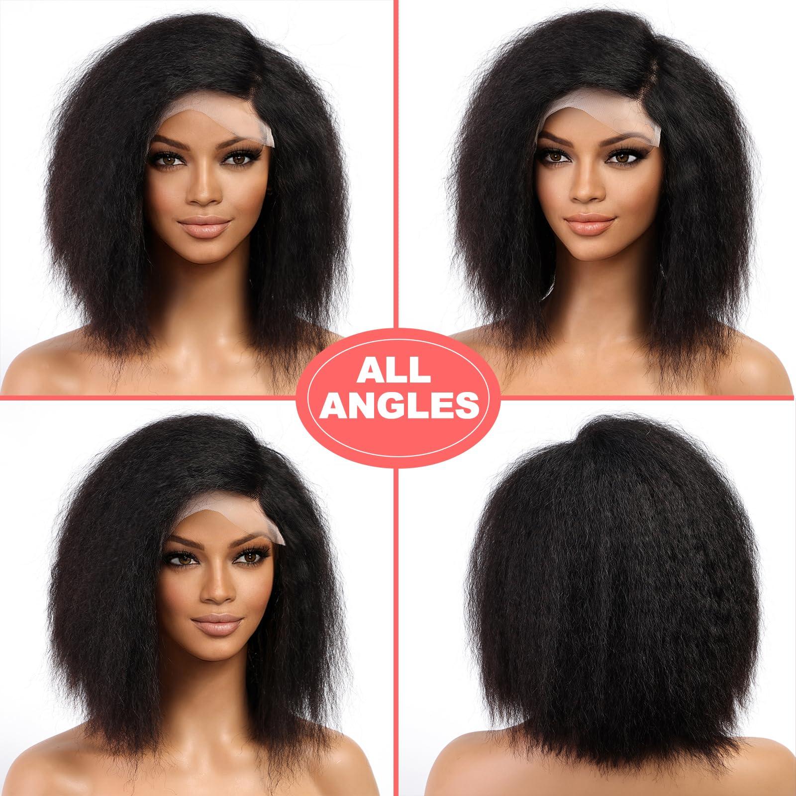 KKU KKU 4C Kinky Edges Lace Front Bob Wig 10Inch Short Kinky Straight Human Hair Wig Glueless Deep Side Parted Lace Bob Wig with Natural Hairline For Women