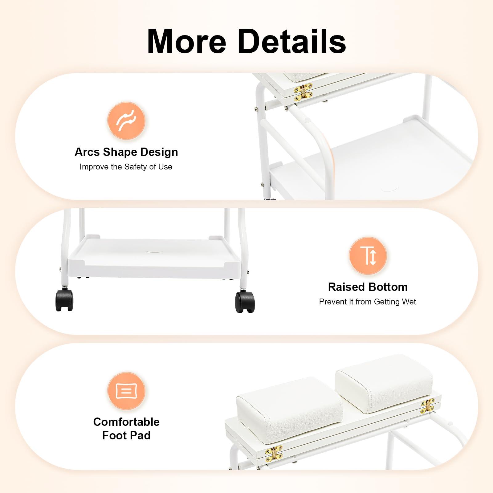 DHBREK DHBREK Pedicure Foot Spa Bath Trolley Cart Portable Esthetician Trolley Cart Beauty Salon Nail Or Foot Bath for Spa Foot Rest Pedicure Massage Manicure Funiture Table 2 Cushion Salon Supplies (White)