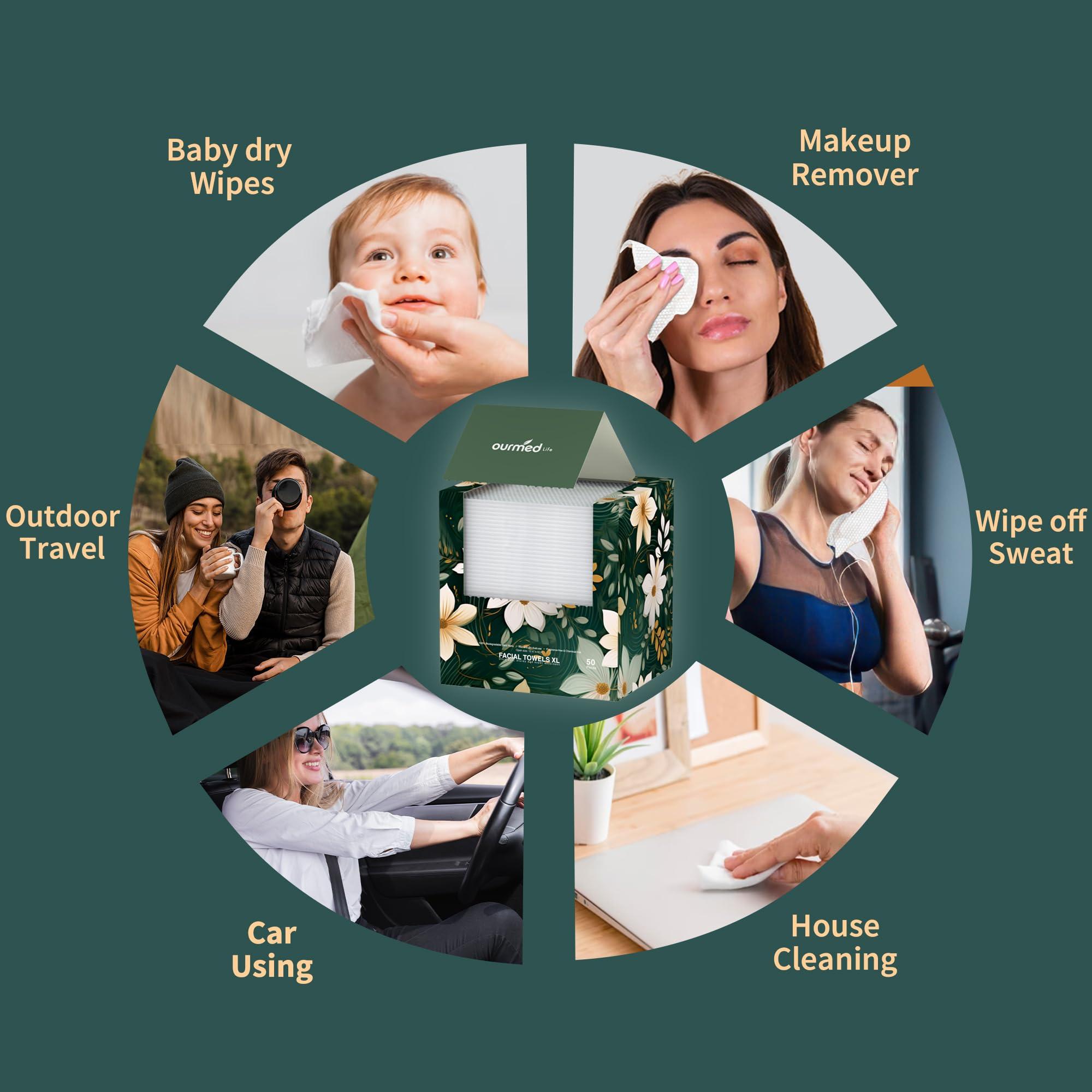 ourmed life Ourmed Life Disposable Face Towels, Clean Facial Wash Cloth without Lint, Biodegradable Cleansing Dry Wipes, Skincare and Makeup Remover Towels for Sensitive Skin (Unscented, 120 Count, Pack of 1)