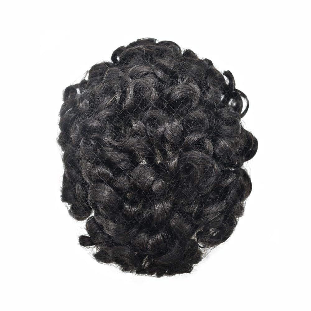 Generic Mens Curly Hair Toupee Wavy Human Hair Pieces For Men Fine Mono Toupee Curly Hair System For Men Hairpieces Protesis Capilar Para Hombre 8X10#1B Off Black 25MM Curl