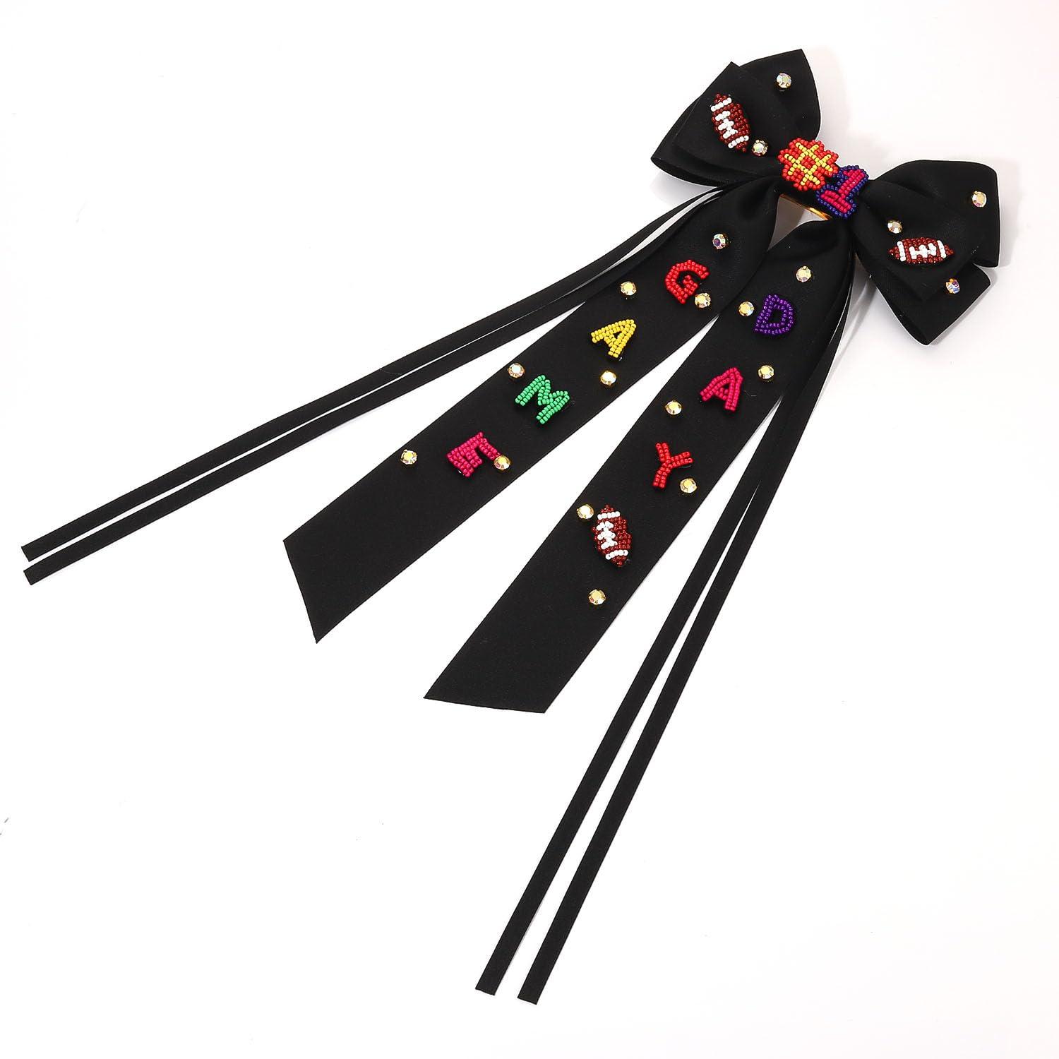 boderier Boderier Game Day Accessories Hair Bows for Women Football Hair Bow Clip Long Tail Satin Ribbon Bow Barrette Hair Clip Sports Fan Hair Accessories Beaded GAME DAY Black