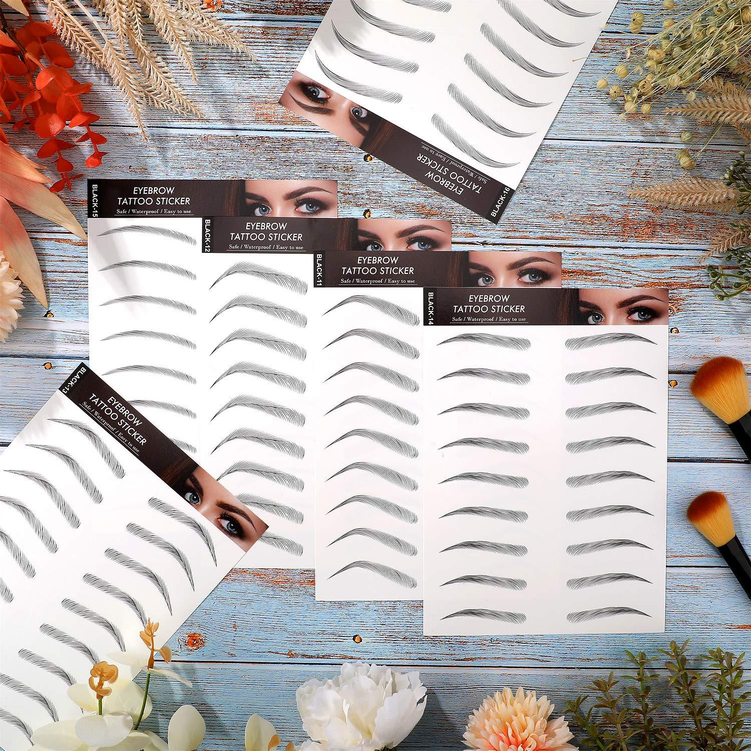 Blulu Blulu 6 Sheets 4d Hair-like Waterproof Eyebrow Tattoos Stickers Transfers Temporary Brow Tattoo Peel off Grooming Shaping Sticker in Arch Style, 66 Pairs Black(Elegant Styles)