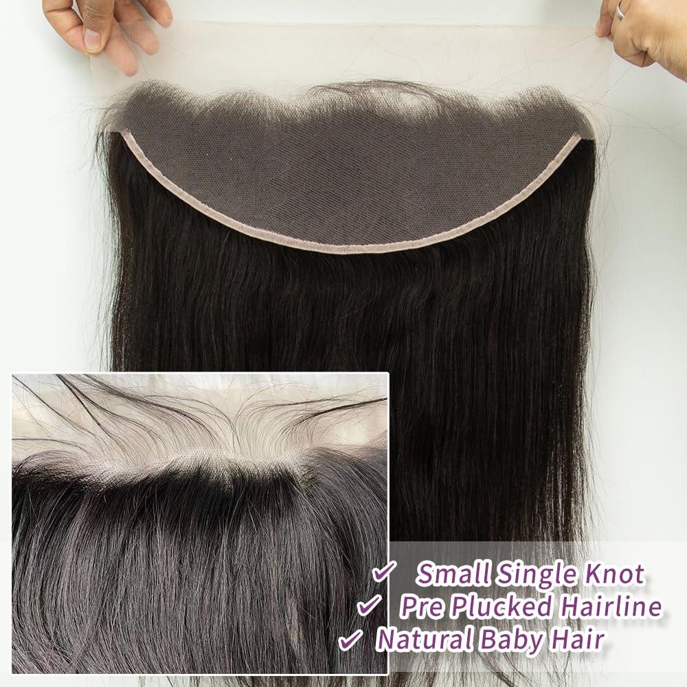 Topnormantic Topnormantic Straight Bundles with Frontal Human Hair (14 16 18+14) 12A Grade Brazilian Human Hair 3 Hair Bundles with 13x4 Lace Frontal Free Part 100% Unprocessed Virgin Hair Straight Weave