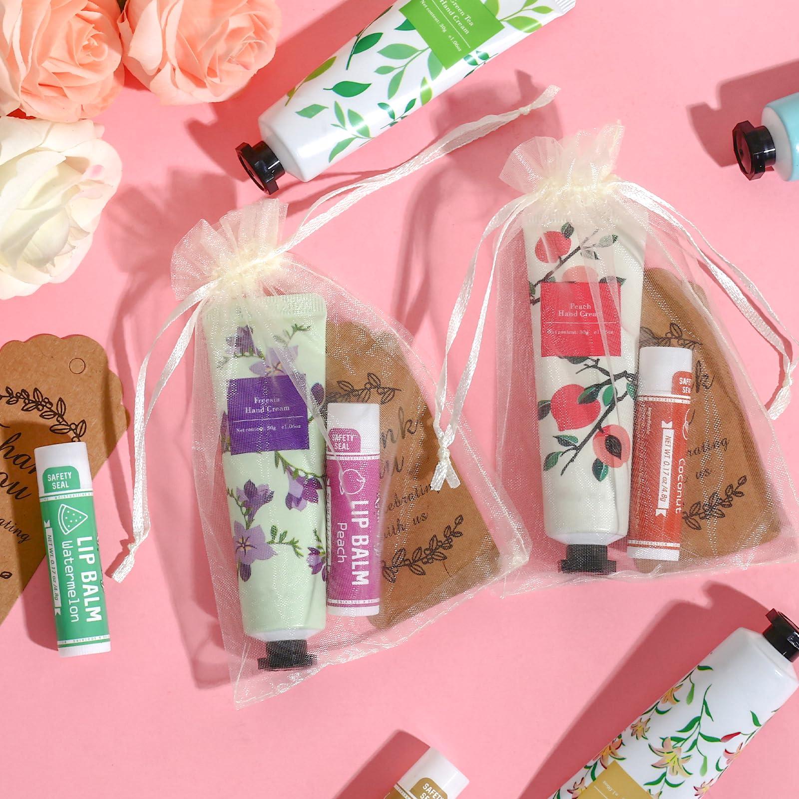 AZEN AZEN 60 Sets Hand Cream Bulk and Lip Balm Bulk Set, Bridal Shower Gifts for Guests with Organza Bag Thank You Card, Thank You Gifts for Coworkers Women Men, Bridal Wedding Favors for Guests