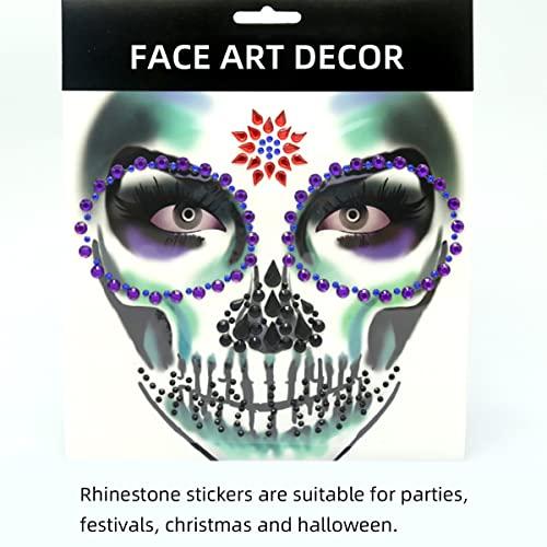 Jacnkb Skull Face Gems Jewels Rhinestone, Halloween Temporary Face Tattoos, Day of the Dead Face Tattoo Stickers, Crystal Body Gems Stick on Face for Festival Rave Party Cosplay 2Pcs