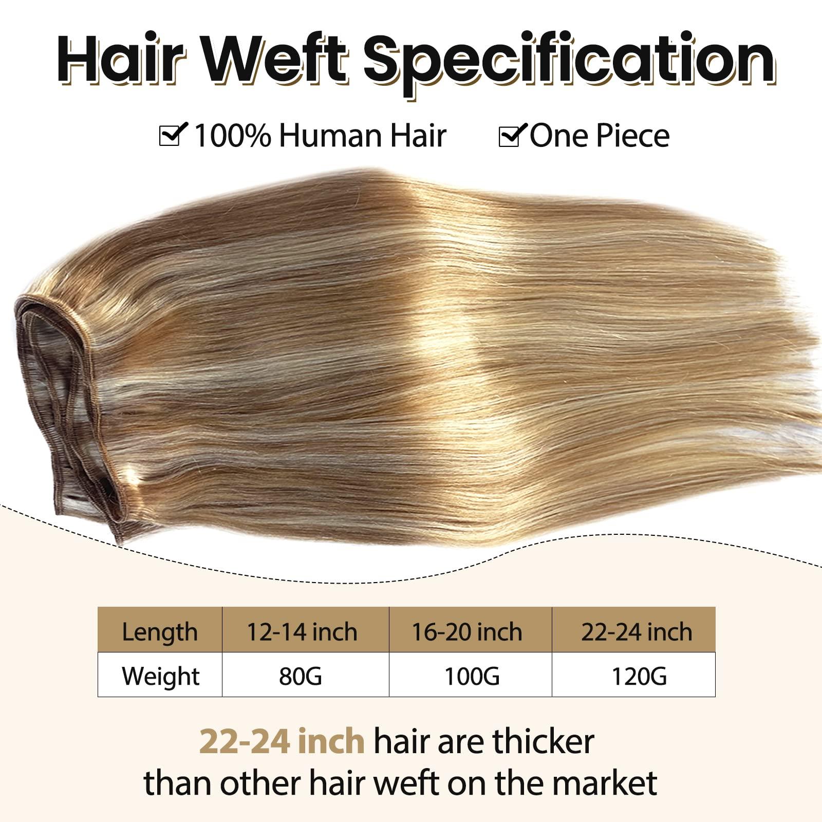 Benafee Hand Tied Weft Hair Extensions Human Hair Bundles Caramel Blonde to Bleach Blonde Sew in Hair Bundles Invisible Beaded Weft Extensions Human Hair Extensions Sew in Human Hair Weave Bundles 12” Thick