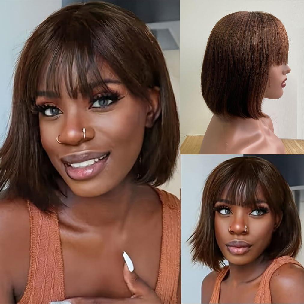 NICMISS NICMISS Chocolate Brown Human Hair Wigs with Bangs Short Bob Wig Human Hair 14 Inch Straight Bob Wigs for Black Women Human Hair Glueless None Lace Front Brazilian Hair Dark Brown