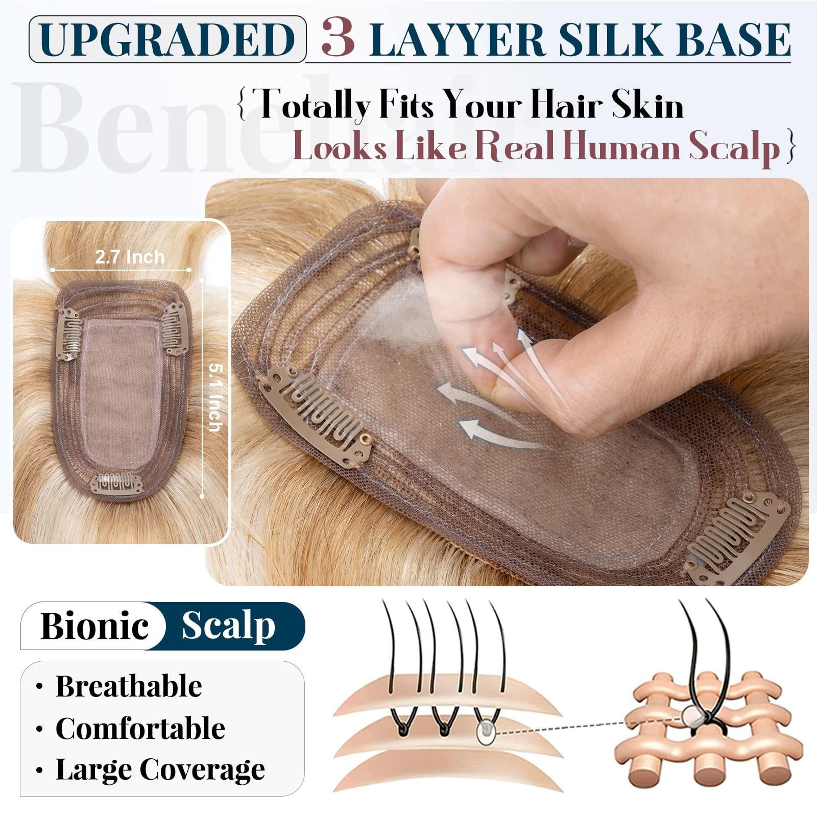 Benehair Benehair Clip in Hair Topper with Bangs Secret Topper Wiglet 100% Human Hair Clip in Top Hairpieces Fringe Bang Replacement Wiglet for Womem with Thinning Hair #27 Dark Blonde 10inch 33g