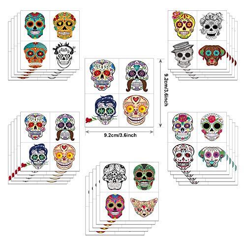 Konsait Day of the Dead Sugar Skull Tattoos(100Counts),Konsait Halloween Temporary Face Tattoos Sugar Skull Puppy Black Skeleton Web Red Roses Tattoo for kids Boys Girls Mexican Halloween Party Favor Supplies