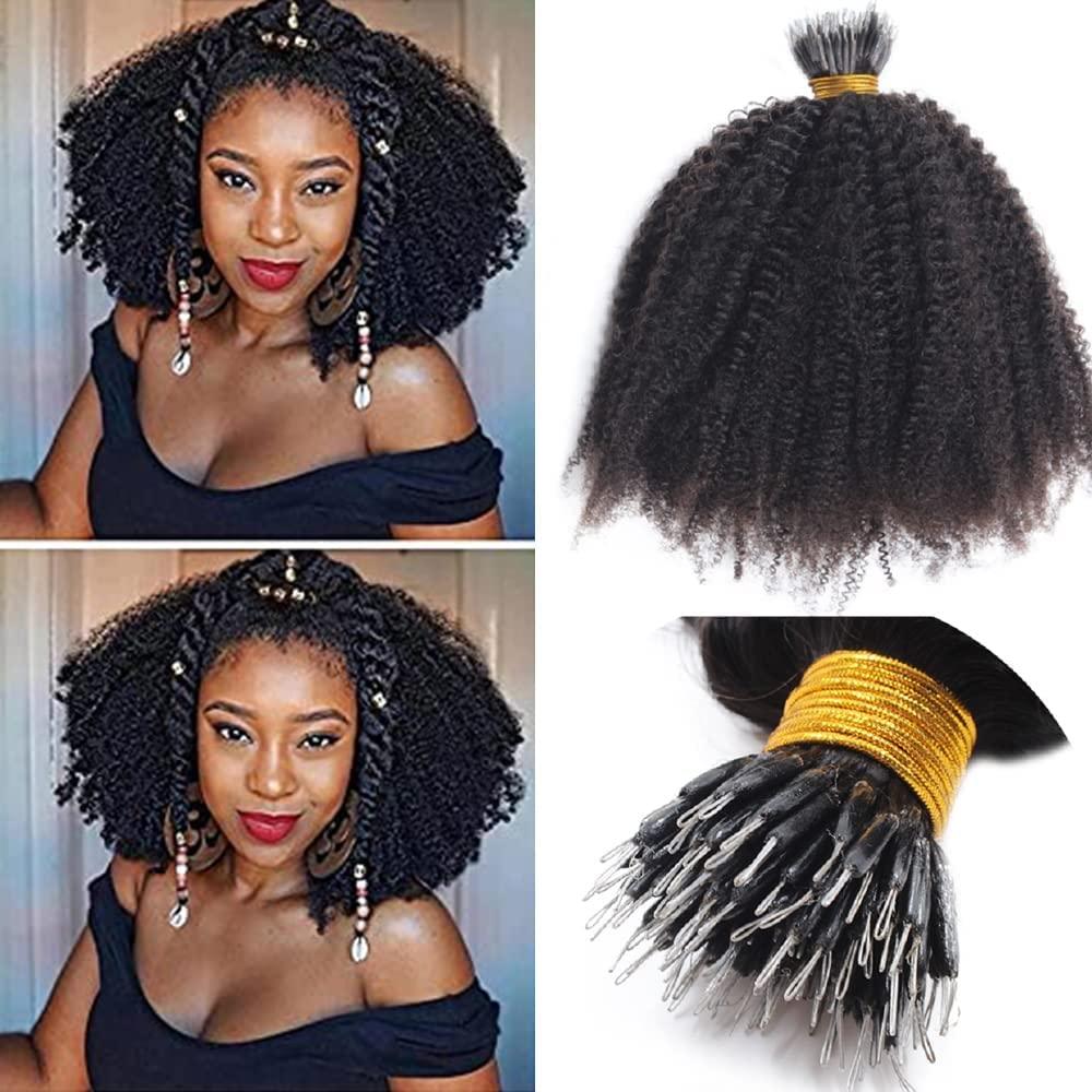 RJ HAIR RJ Hair Afro Kinky Curly Nano Ring Human Hair Extension Pre Bonded Mongolian Remy Nano Ring I Tip Hair Micro Beads Small Curly Microlinks Hair Extension 100g 100strands (20inch 100 Strand, #Natural Color)