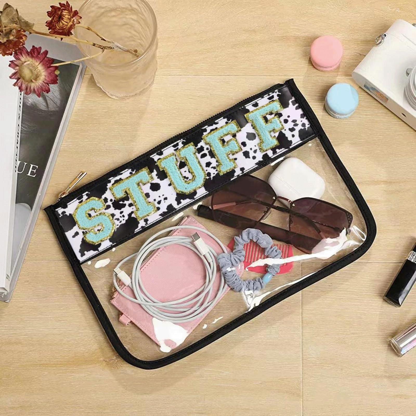 LOTUSTAR LOTUSTAR Clear Makeup Letter Patch Bag Travel Toiletry Bag Clear Cosmetic Bags Stuff Snacks Pouch for Gym Stadium Beach (Cow,Stuff)