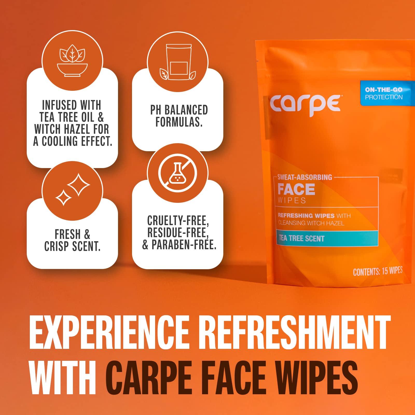 Carpe Carpe Sweat Absorbing Face Wipes (15 Facial Wipes). Witch Hazel & Tea Tree Oil Wipes Infused with Eucalyptus. Energizing, Refreshing, and Soothing. Sweat and Oil Control