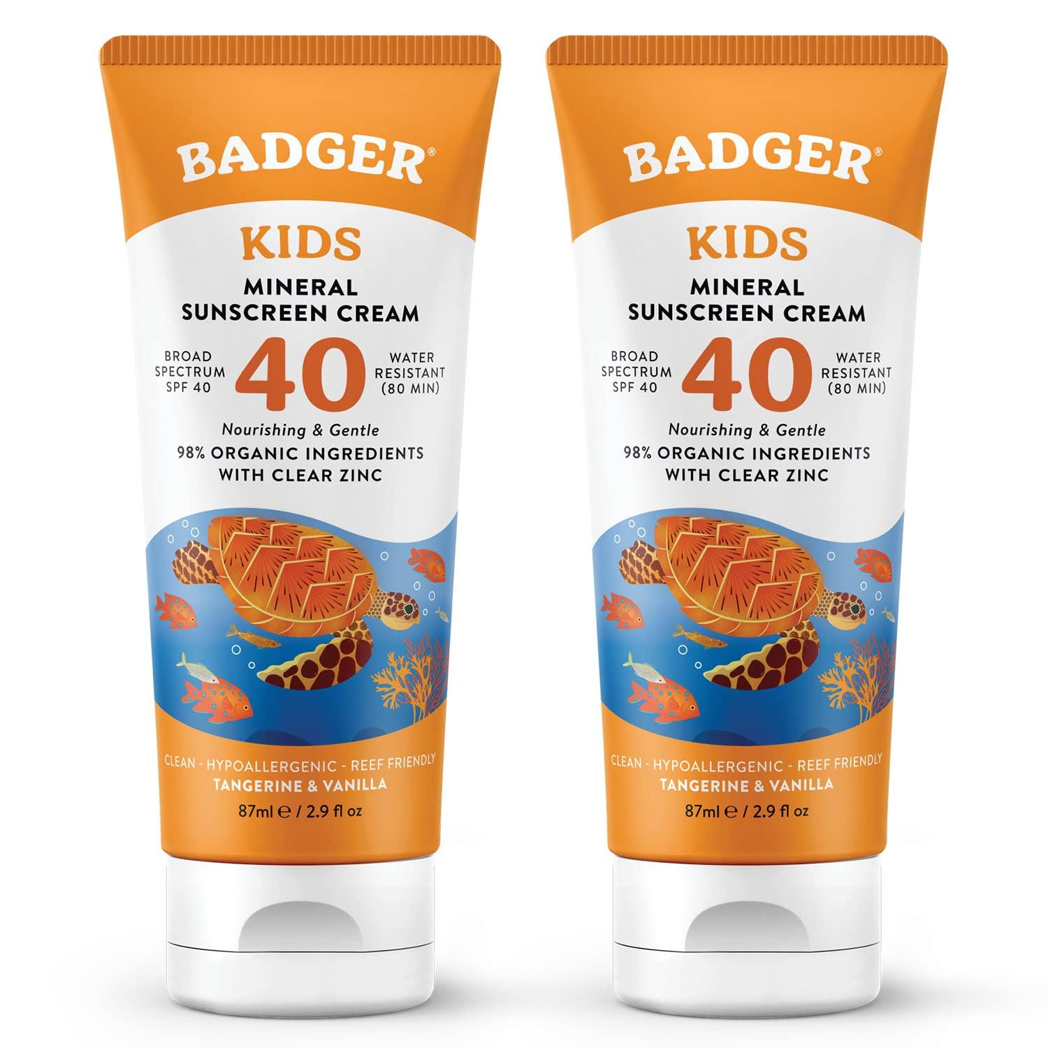 Badger Badger Kids Sunscreen Cream SPF 40, Organic Mineral Sunscreen Kids Face & Body with Zinc Oxide, Reef Friendly, Broad Spectrum, Water Resistant, 2.9 fl oz (2 Pack)