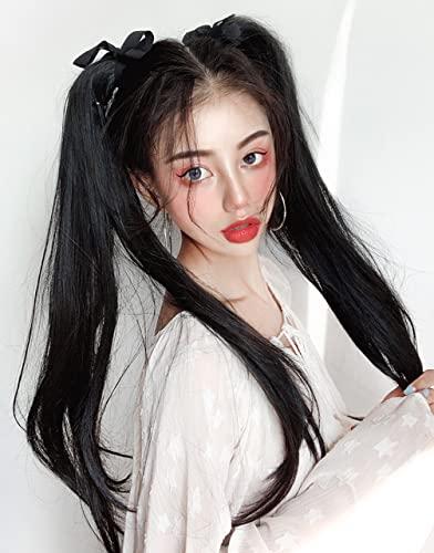 LesafeV LesafeV 2pcs Ponytail Wig Tie up-Long Straight Hair Extension Cosplay Twin-tail Cute Pony Tail Pig Tails Hairstyle 18" Black Brown