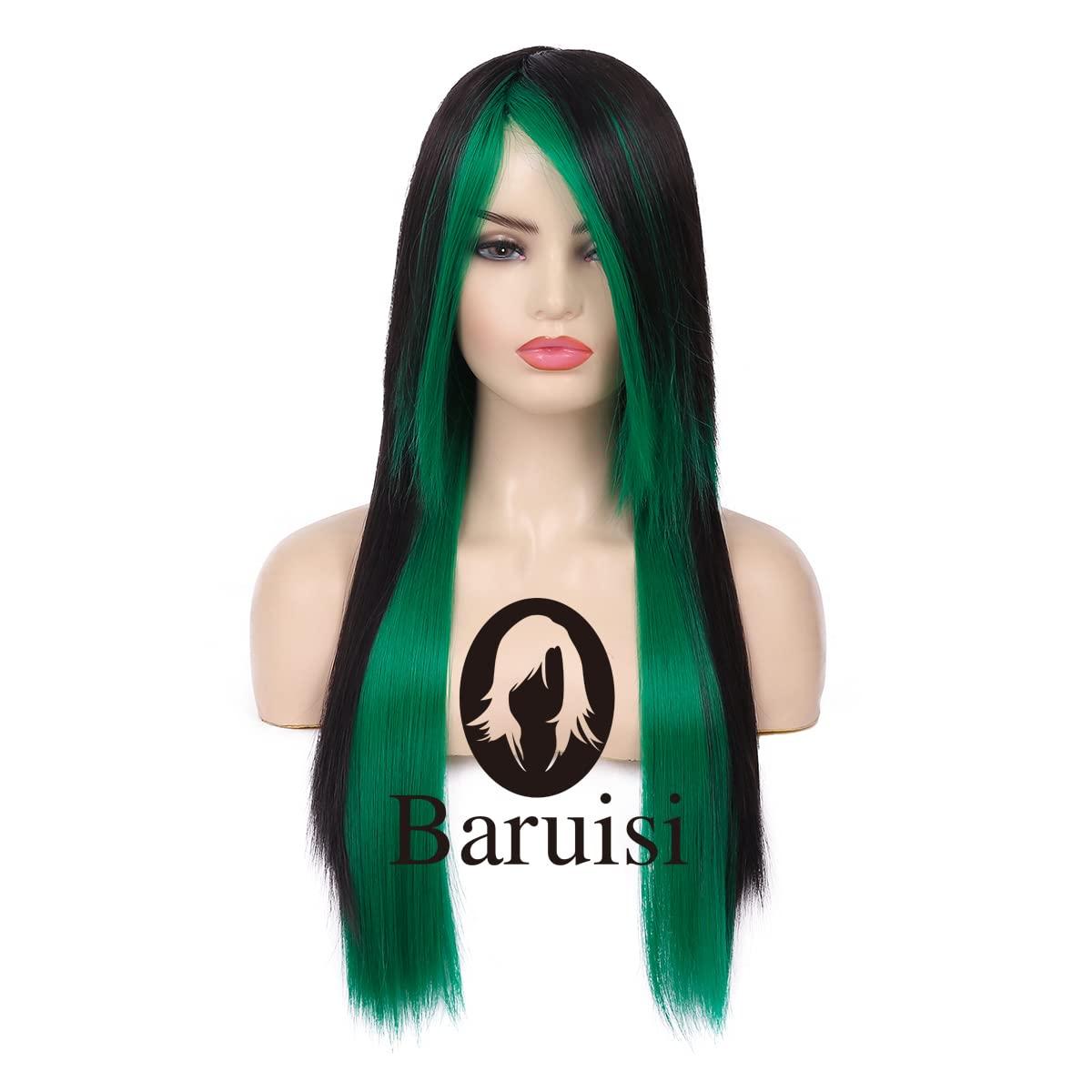 Baruisi Baruisi Long Straight Black Green Wig Silky Synthetic Heat Resistant Side Bangs Halloween Costume Hair Wigs for Women Girls
