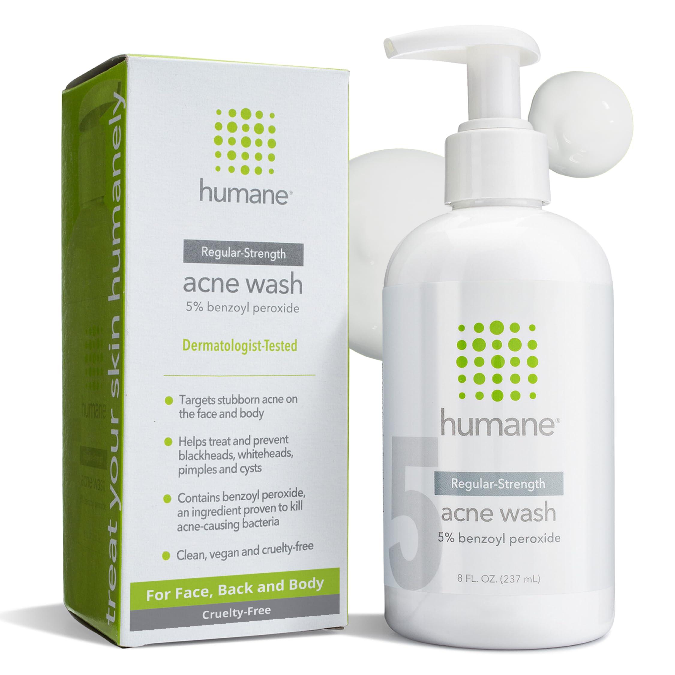 humane humane Benzoyl Peroxide Acne Body Wash - 5% Regular-Strength Acne Treatment for Face, Skin, Back and Body - 8 Fl Oz - Dermatologist-Tested Non-Foaming Cleanser - Vegan, Cruelty-Free
