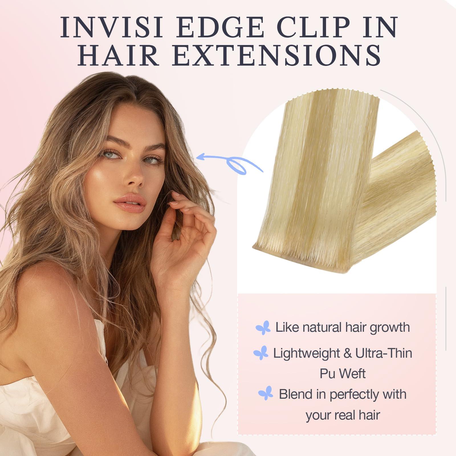 DOORES DOORES Seamless Clip in Hair Extensions 14 inch 110g 7pcs, Light Blonde Highlighted Golden Blonde Virgin Human Hair Clip in Extensions, Invisi Edge Clip in Hair Extensions