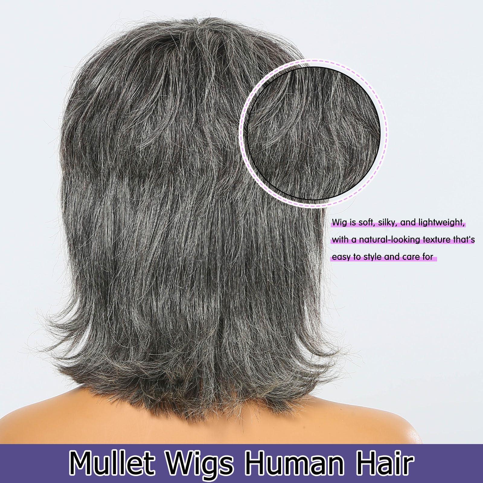 HANASCC HANASCC 12\" Salt and Pepper Wigs for Women 70s 80s 90s Shaggy Layered Mullet Human Hair Wig with Bangs Glueless Grey Human Hair Wig for Women Curly Short Pixie Cut Wig Full Machine Gray Human Hair Wig