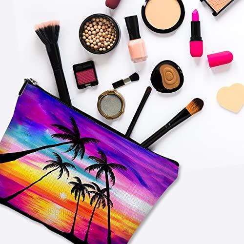 Givotin Givotin Cosmetic Bags for Women Cute Makeup Bag for Purse Canvas Travel Toiletry Bag Funny Zipper Pouch-Red Sunset Coconut Palm Makeup Bags