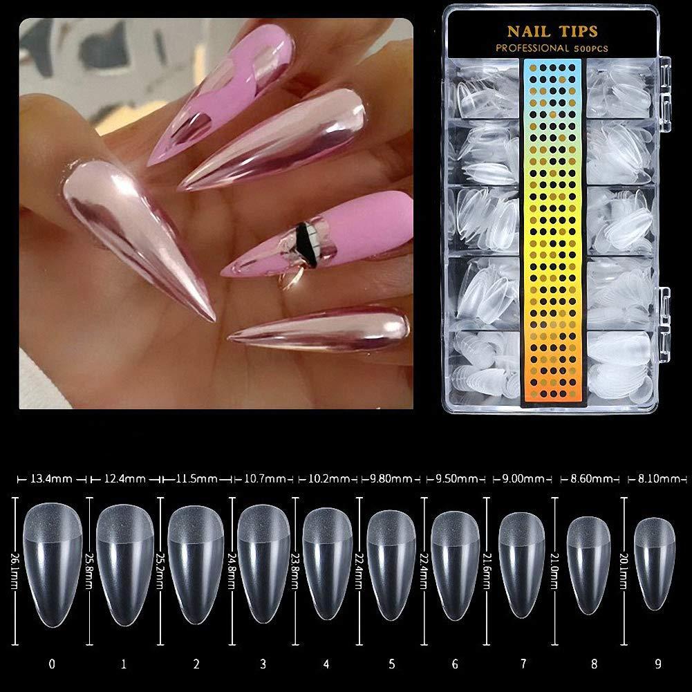 Ulalaza 500pcs Acrylic Nail Tips Clear Fake Nails Natural False Nail Tips Clear Half Cover Artificial Acrylic False Nails DIY Salons Nail Art 10 Sizes