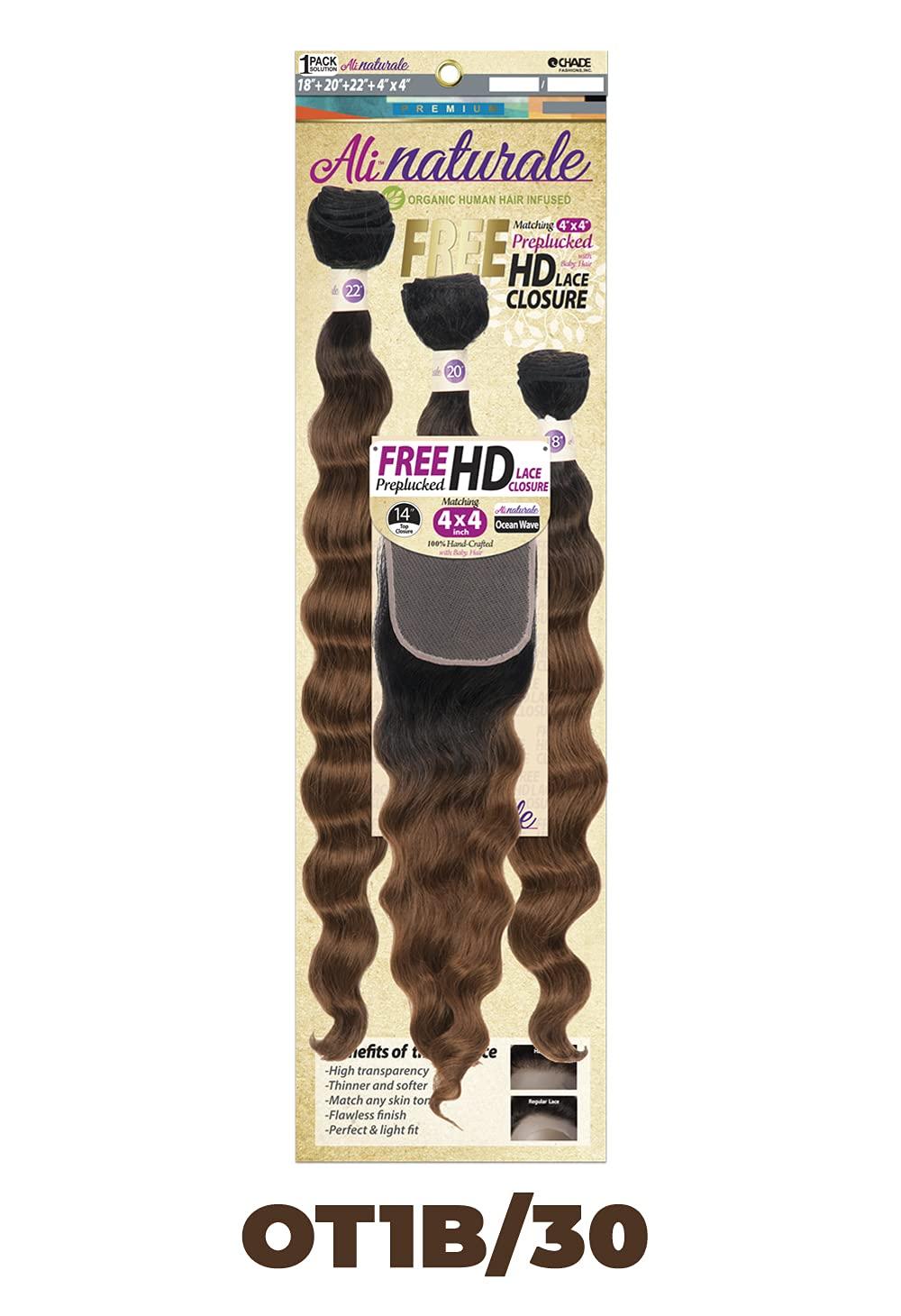 Chade Fashions Inc Chade Fashions Ali Naturale Weave Straight 18", 20", 22" + HD 4X4 Closure Human Hair Blended 1 Pack Solution - AN344S5 (OT1B/30)