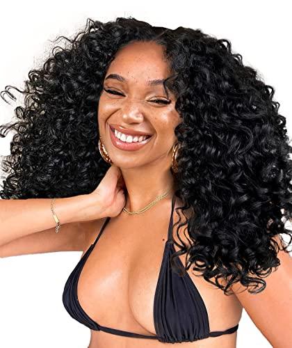 BlackSwern BlackSwern Curly Lace Front Wigs Pre Plucked, Lace Front Wigs Curly Hair Synthetic Lace Front Wig, Glueless Big Curly Wigs for Black Women Natural Black Color