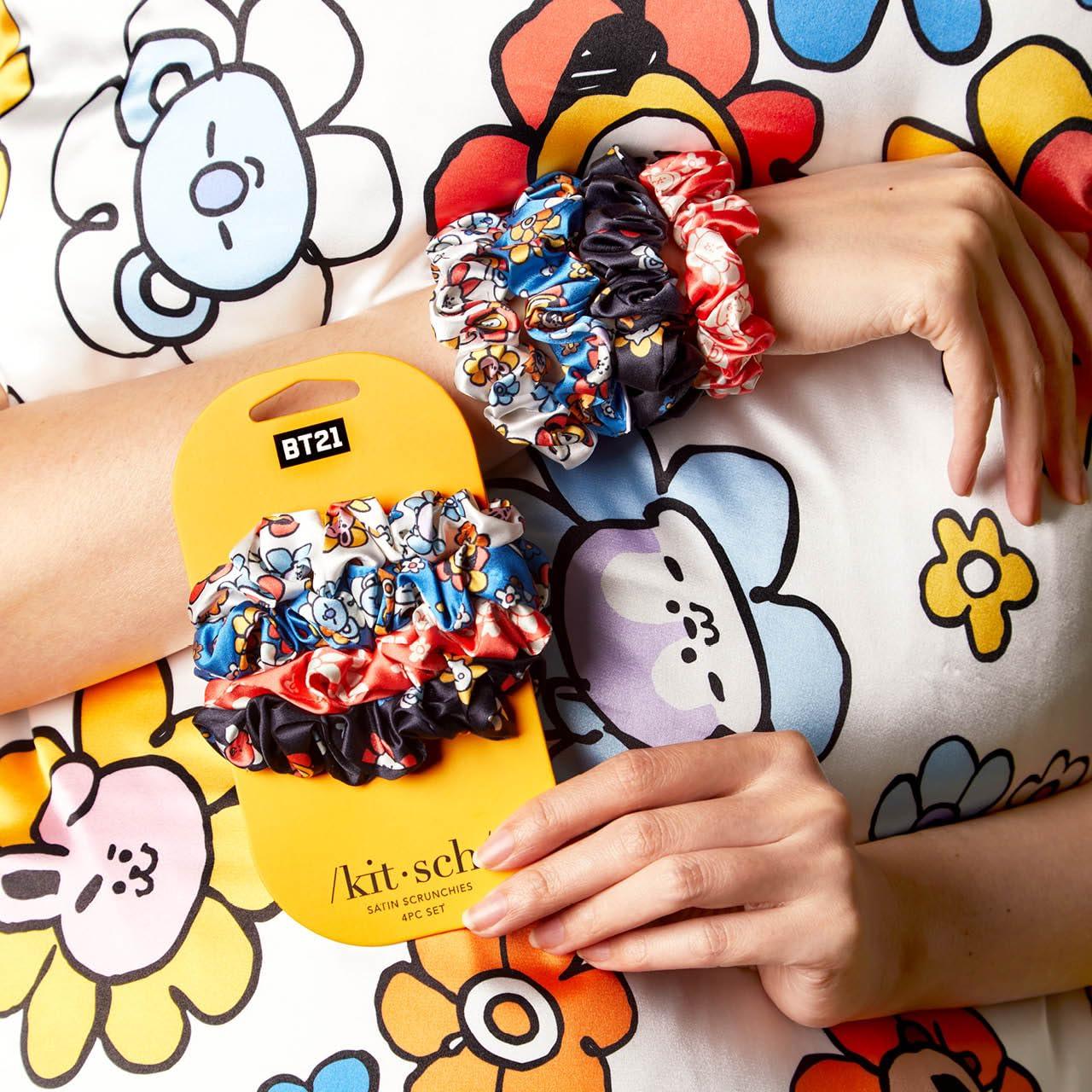 Kitsch Kitsch x BT21 Satin Scrunchies for Women - No Crease Hair Ties for Girls | Scrunchies For All Hair Types and Textures, Perfect for Day or Night - 4 Pcs
