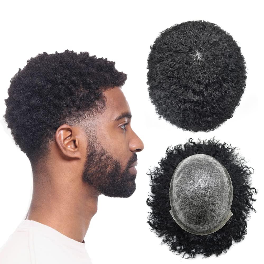 FANCY HAIR Afro Coily Curly Black Men Toupee Full Durable PU razilian Human Hair Black Men Hair Prosthesis African American6MM AFRO WAVY 8X10\"-120% density#1 Jet Black