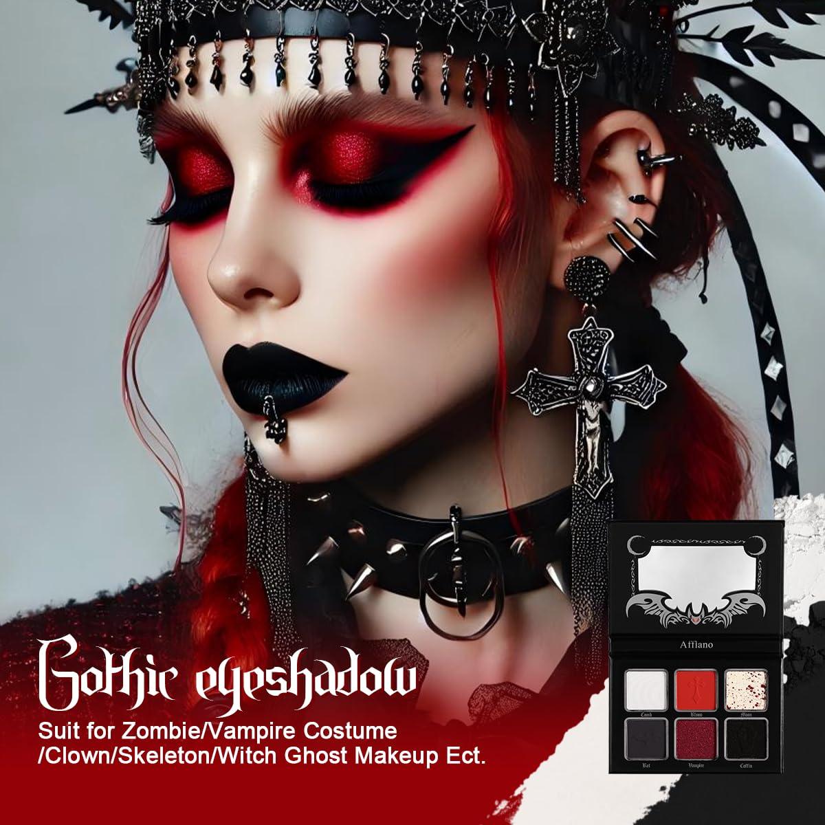 La Catrina Black Red Eyeshadow Palette, Highly Pigmented True Red White Dark Grey Goth Smoky Eyeshadow Palette, 6 Color Matte Shimmer Burgundy Metallic Halloween Makeup Palette for Zombie Vampire Clown,Blendable