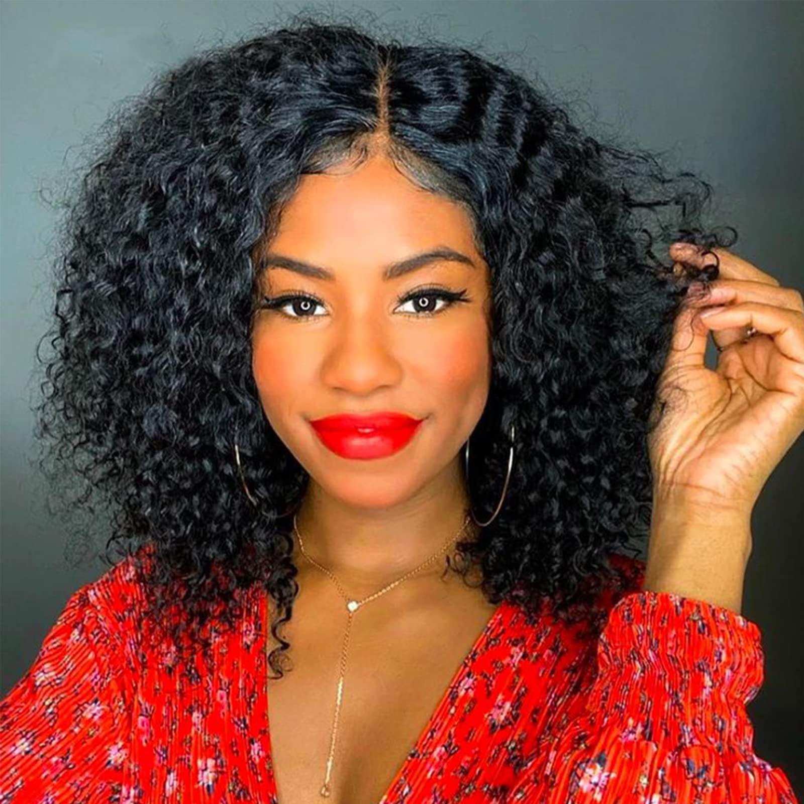 zigzag hair zigzag hair Short Bob Curly Lace Front Wig Human Hair for Black Women 180% Density Loose Deep Curly HD Transparent 13x4 Lace Wig Middle Part Pre Plucked with Baby Hair (16 Inch, Curly)