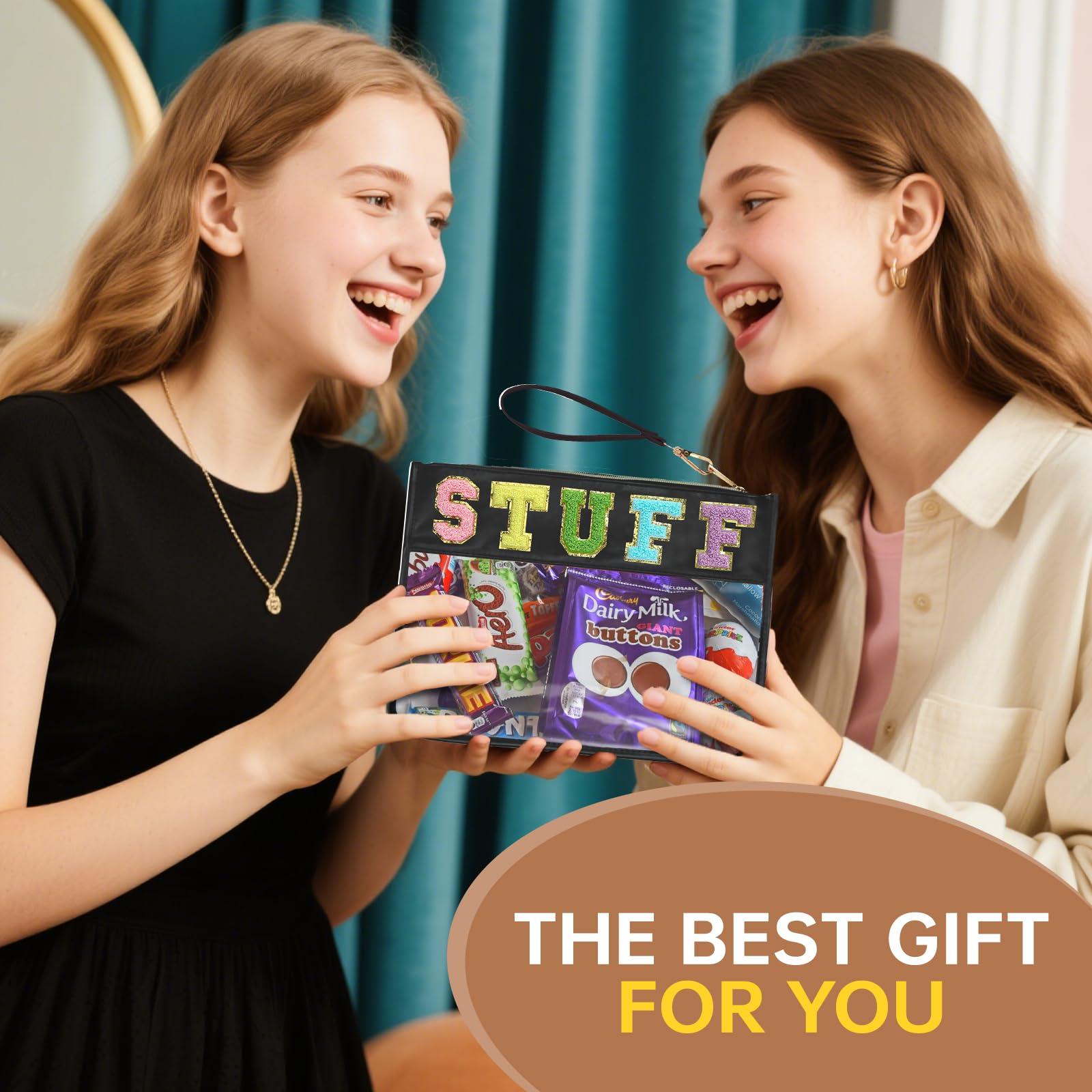 Burskit Burskit Chenille Letter Clear Zipper Pouch for Travel Preppy Stuff Bag Aesthetic Storage Organizer Pouches for Women with Glitter Patch Letters (Black-Stuff)