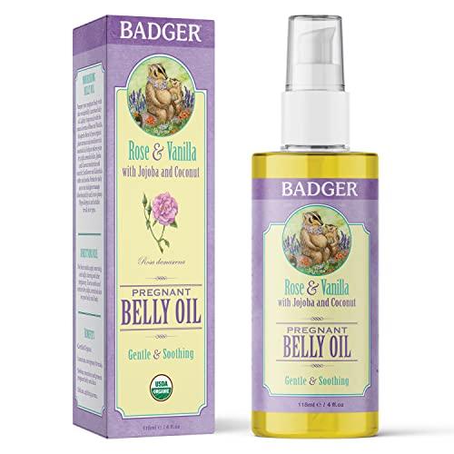 Badger Badger - Pregnant Belly Oil, Rose & Vanilla, Certified Organic, Gentle & Soothing, Jojoba & Coconut Oil, Belly Oil for Stretched Skin During & After Pregnancy, 4 fl oz