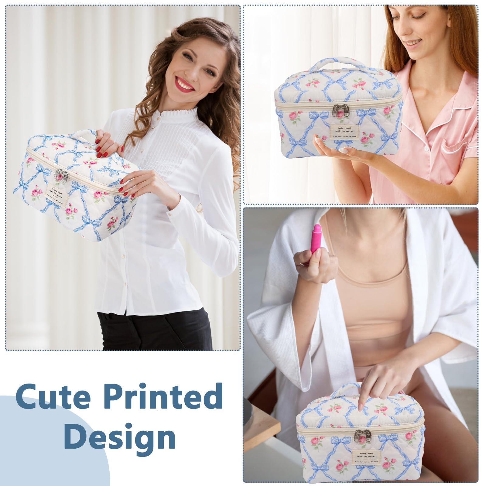 Gosect Large Makeup Bag, Cute Cosmetic Bag for Women Girls, Floral Coquette Aesthetic Toiletry Bag, Travel Make Up Organizer Bag (Blue Butterfly)