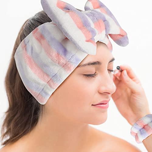 LADES LADES Spa Headband - Fluffy Face Wash Headband and Towel Wristbands for Washing Face Soft Bow Skincare Headbands Wrist Bands for Women Girls Makeup,Face Washing