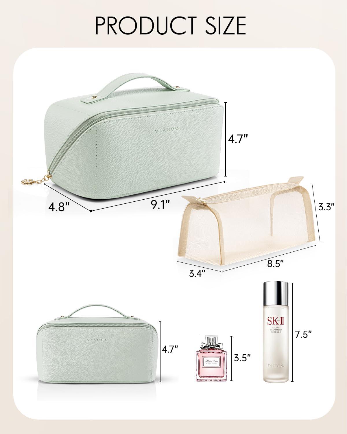 Vlando Vlando Makeup Bag,Travel Makeup Bag Waterproof Portable Cosmetic Bag PU Leather Open Flat Make up Organizer for Toiletries,Makeup Brushes Bag for Teen Girls Women(Mint Green)