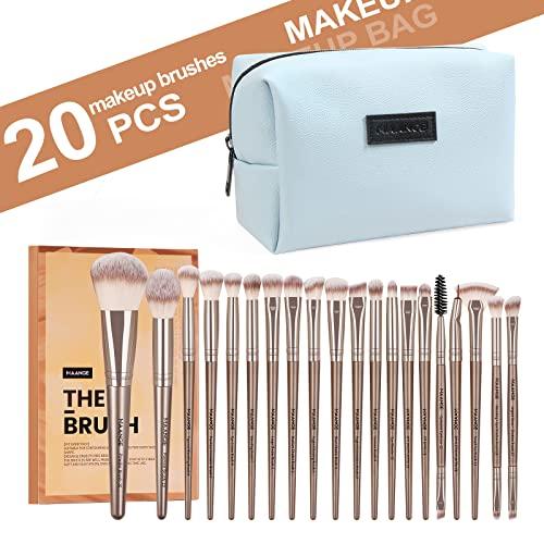 MAANGE MAANGE Small Makeup Bag for Purse and 20 Pcs Makeup Brushes Set with Gift BoxBlue+Champagne)