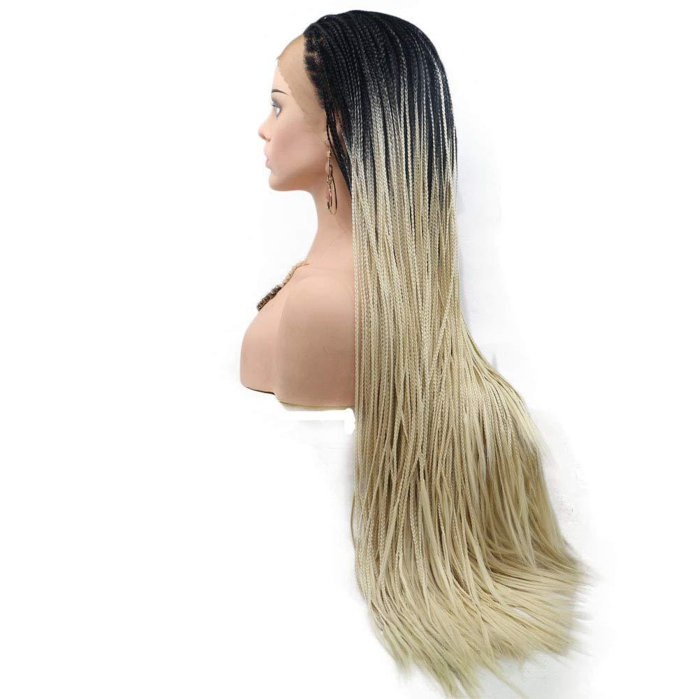Kalisa Ombre Blonde Wigs Long Braids Lace Front Wigs Synthetic Braided Hairstyle Black to Blonde Color Braided Wigs Hand Tied Heat Resistant Fiber Wigs with Baby Hair