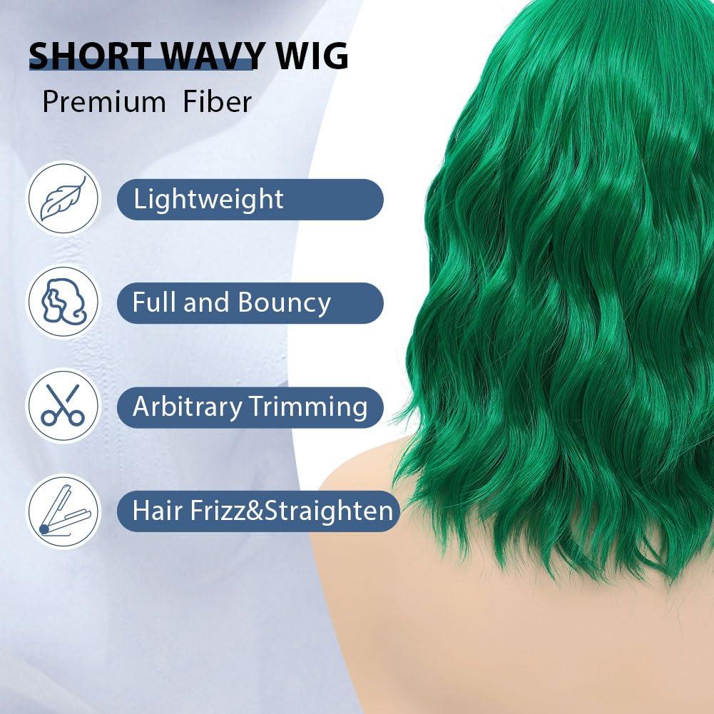 LOSMOEER LOSMOEER Green Wig with Bangs Short Wavy Wigs for Women Shoulder Length Curly Bob Wigs Heat Resistant Synthetic Wigs for Halloween Cosplay Daily Party Use