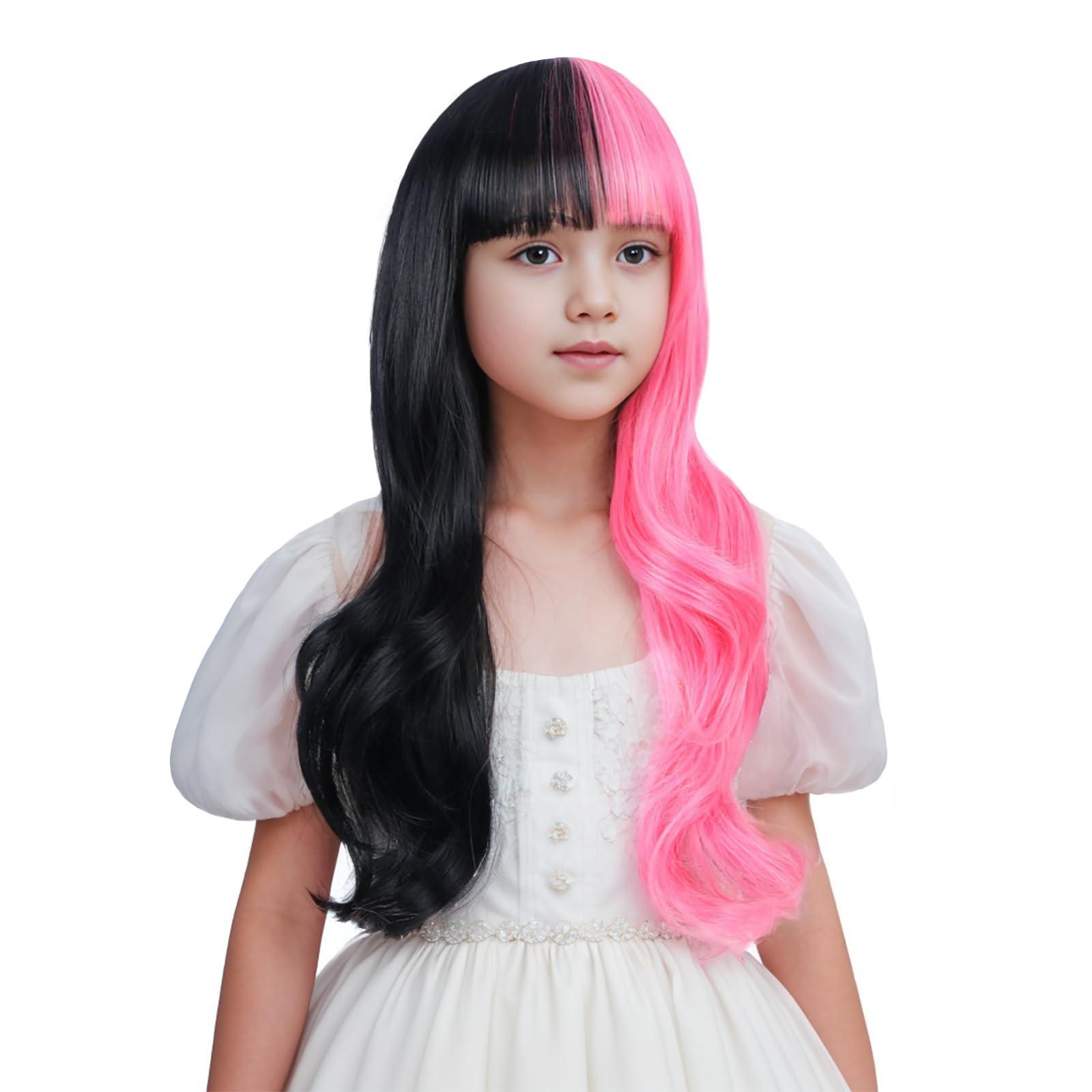 Edivd Edivd Kids Half Pink and Half Black Wig Long Pink Mixed Black Wig with Flat Bangs for Girls Long Wavy Curly Black and Pink Wig for Children Heat Resistant Synthetic Wig with Wig Cap