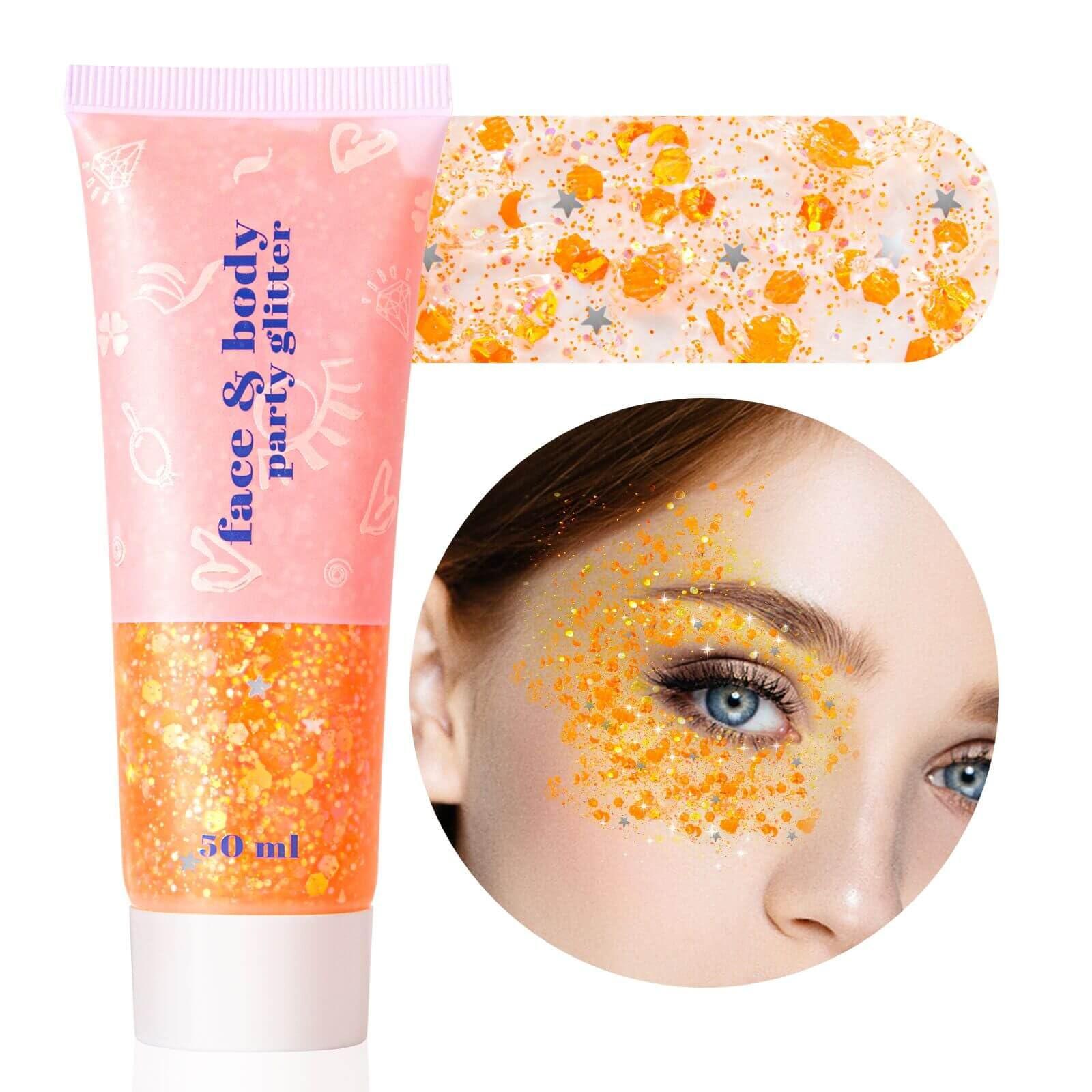 MEICOLY MEICOLY Orange Face Body Glitter,Sparkling Face Glitter Gel,Mermaid Sequins Face Paint Glitter Autumn Makeup,Eye Hair Chunky Festival Rave Accessories Makeup,Party Body Glitter Gel for Women Kids,50ml