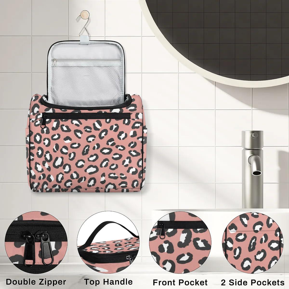 OMFUNS OMFUNS Dark Pink Leopard Print Hanging Toiletry Bag Wash Makeup Bag for Women Men Travel Cosmetics Bag Shaving Bag Organizer Kit for Accessories, Cosmetics, Travel Essentials