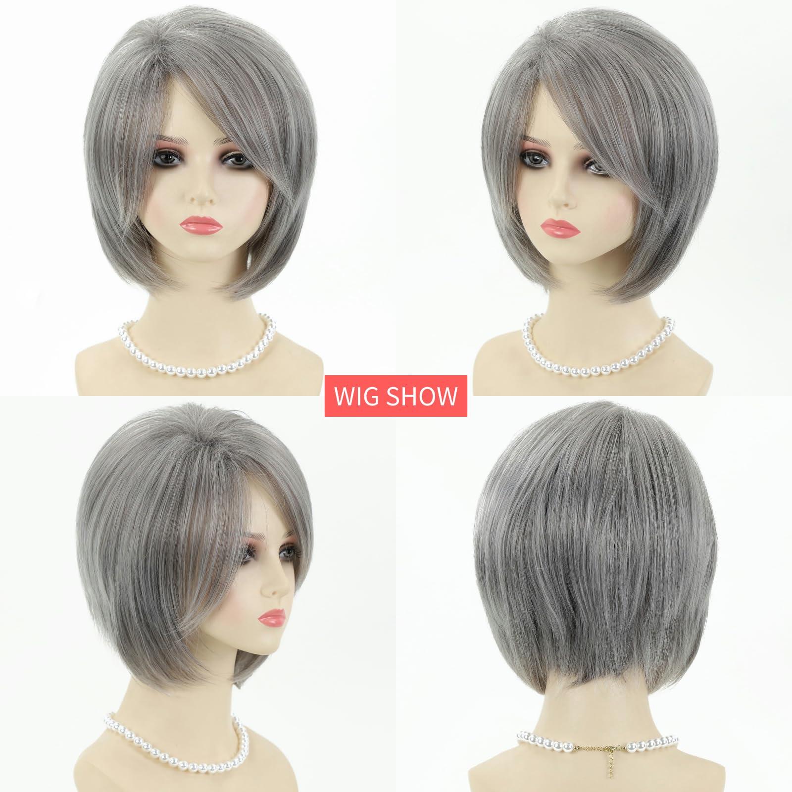 RENERSHOW RENERSHOW Layered Bob Short Gray Wigs for Women Mixed Gray Cute Straight Pixie Bob Wig Synthetic Haircuts Grey Side Part Inverted Bob Wig Natural