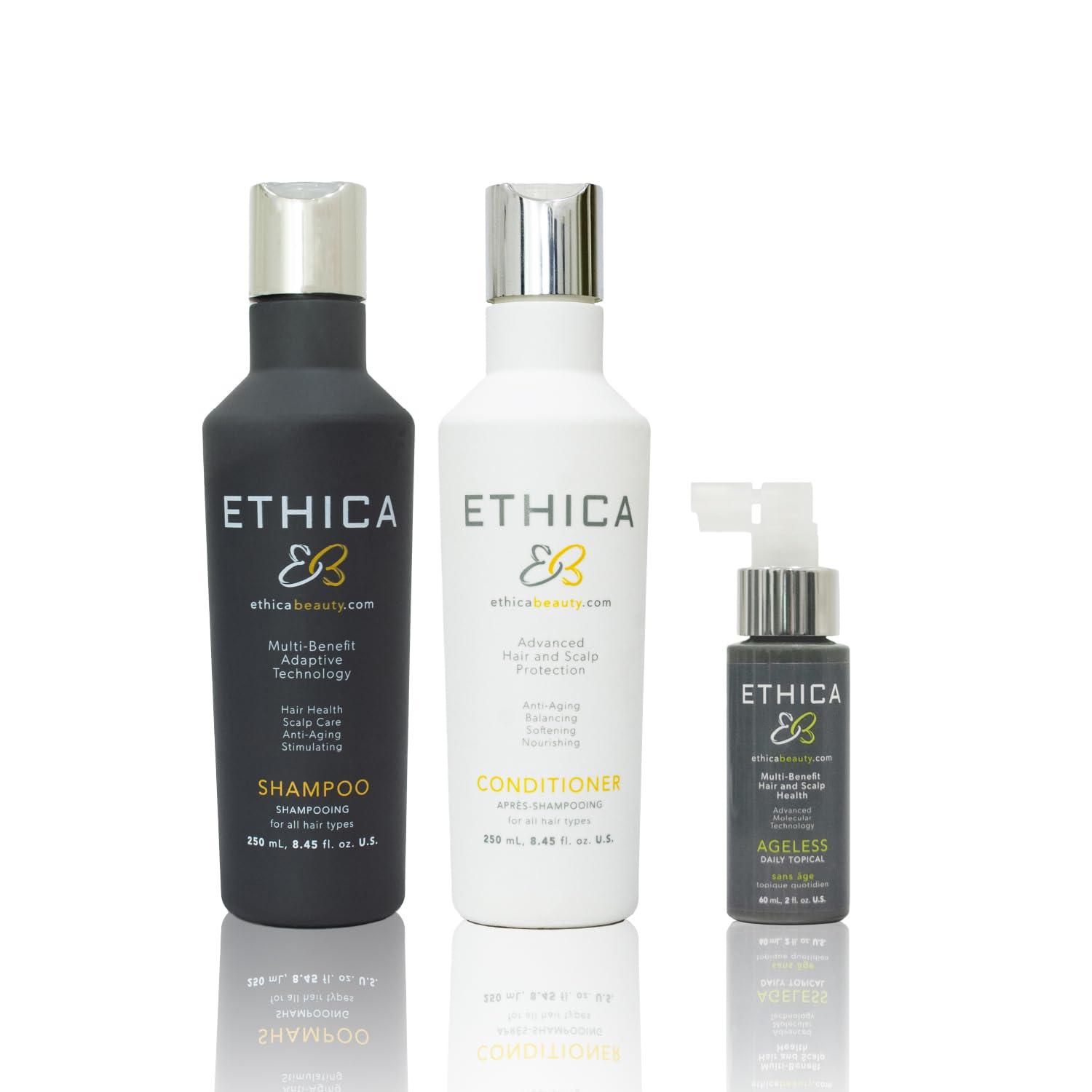 Ethica Beauty Womens Hair Growth. Professional Shampoo, Conditioner, & Daily Ageless Topical Treatment. Healthy Hair, Scalp Health, & Hair Regrowth. 1 Month Supply.