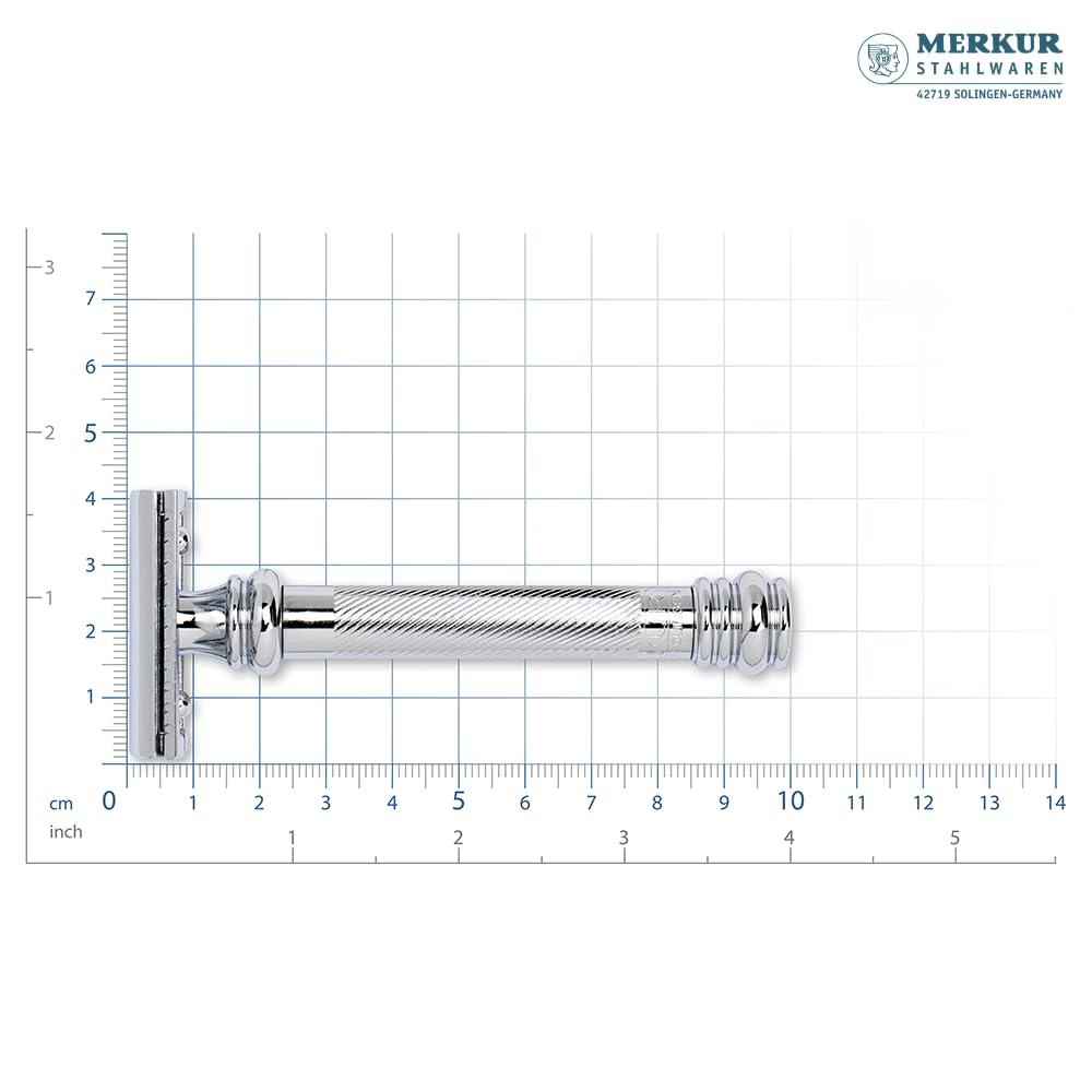 MERKUR MERKUR 5004 Travel Shaving Set featuring MERKUR 38C Two-piece Safety Razor with Long Handle & Bright Chrome Finish, 10 Double Edge Blades & Black Leather Case | Made In Germany